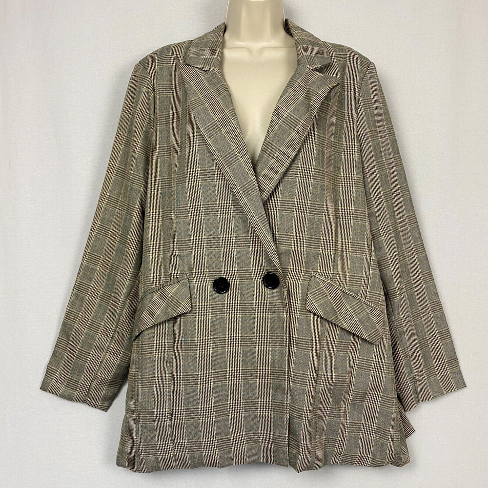 Rue 21 Blazer 1X Women Plaid Double Breasted Relaxed Career Jacket Black Tan NEW